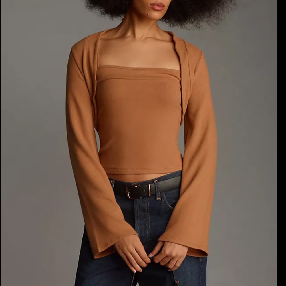 reformation chloe knit shrug set in camel